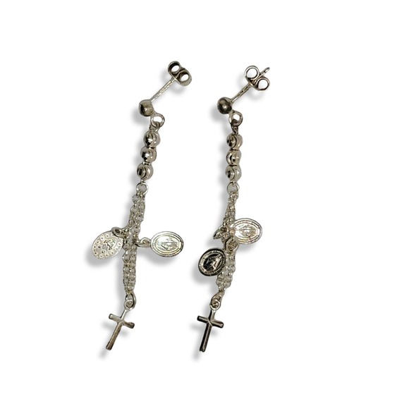 925 Sterling Silver Religious Medal drop dangle beads and chain Earrings - Picture 2 of 4